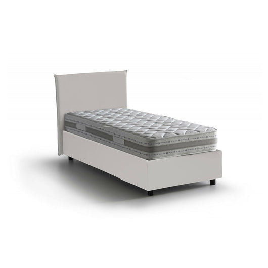 Letto singolo Albia, Letto contenitore con rivestimento in ecopelle, Made in Italy, Apertura frontale, con materasso cm 90x200 incluso, Bianco