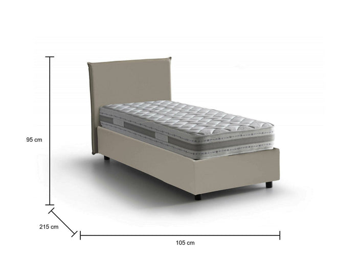 Letto singolo Albia, Letto contenitore con rivestimento in ecopelle, Made in Italy, Apertura frontale, con materasso cm 90x200 incluso, Tortora