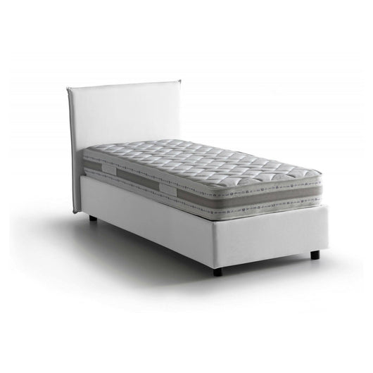Letto singolo Alison, Letto contenitore con rivestimento in tessuto, Made in Italy, Apertura frontale, con materasso cm 90x200 incluso, Bianco