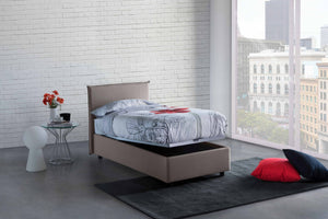 Letto singolo Alison, Letto contenitore con rivestimento in tessuto, Made in Italy, Apertura frontale, con materasso cm 90x200 incluso, Tortora