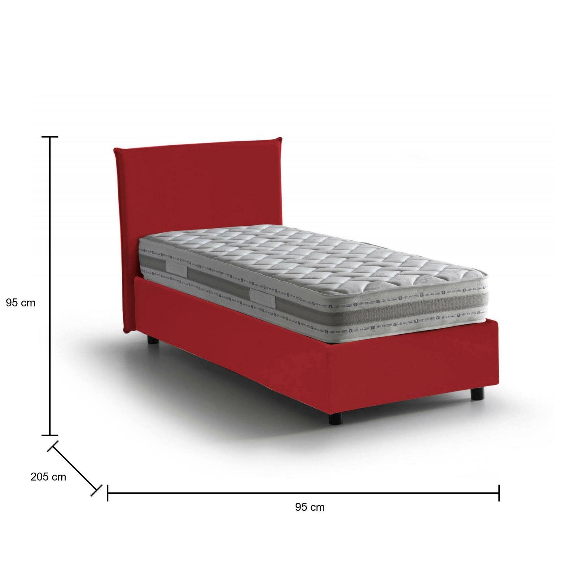 Letto singolo Astor, Letto contenitore con rivestimento in tessuto, Made in Italy, Apertura laterale, con materasso cm 80x190 incluso, Rosso