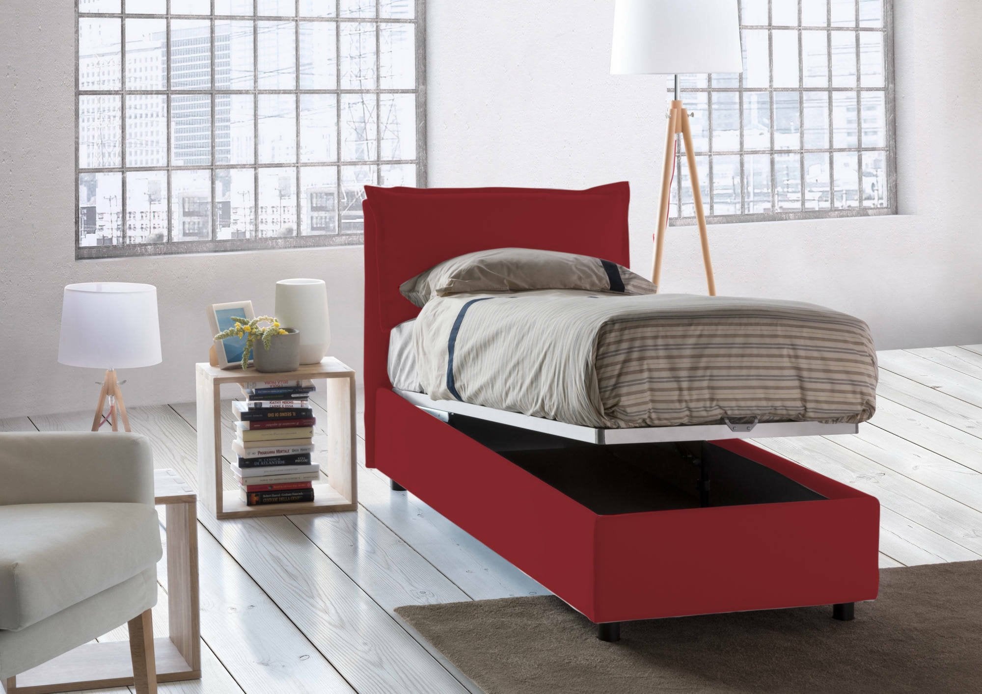 Letto singolo Ancara, Letto contenitore con rivestimento in tessuto, Made in Italy, Apertura frontale, con materasso cm 80x200 incluso, Rosso