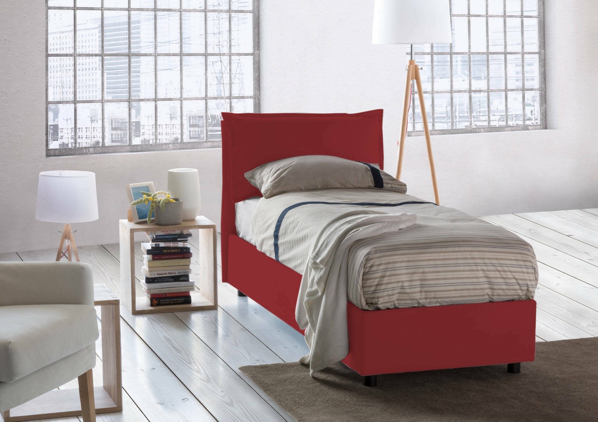 Letto singolo Arzon, Letto contenitore con rivestimento in tessuto, Made in Italy, Apertura frontale, con materasso cm 90x200 incluso, Rosso