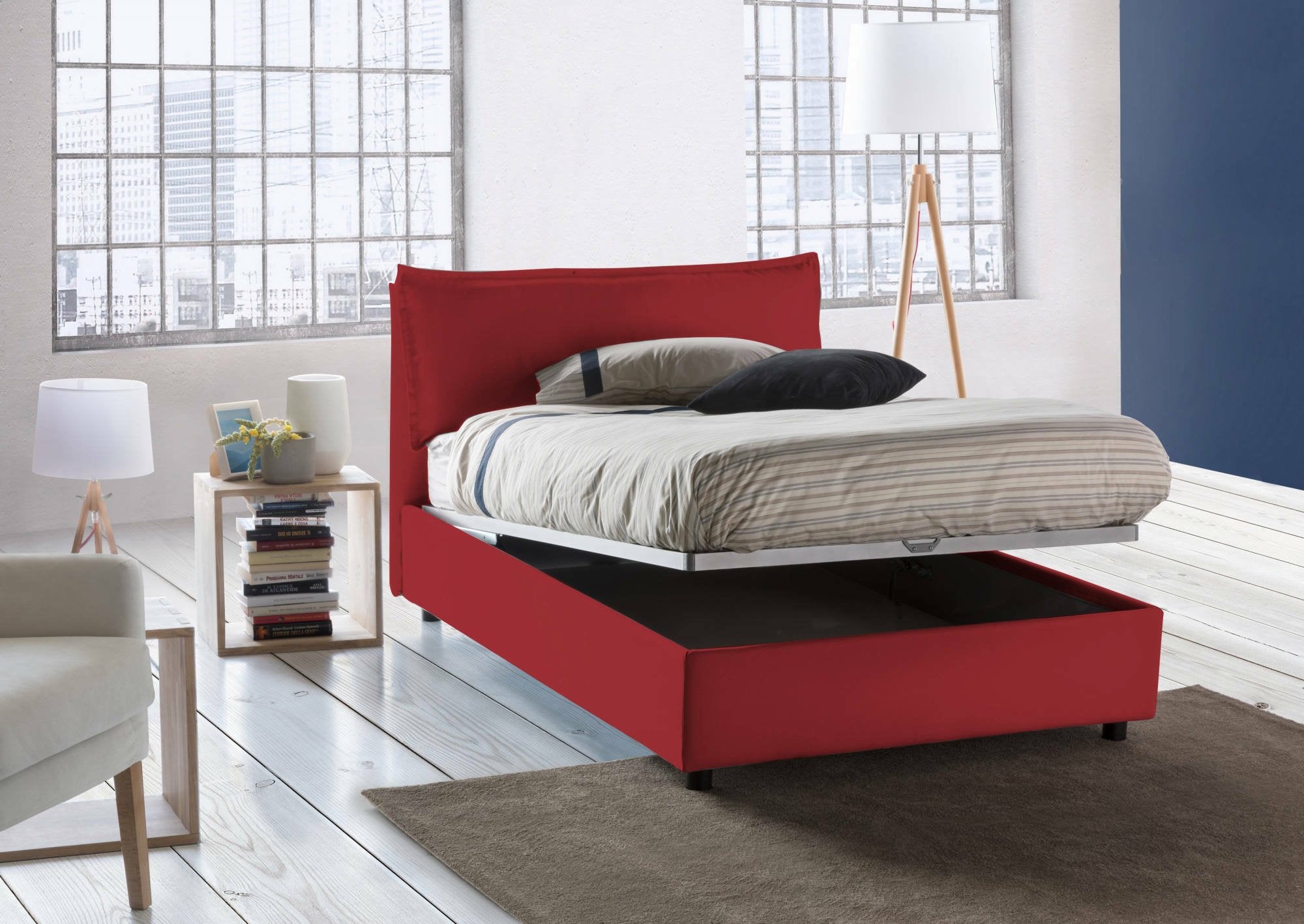 Letto piazza e mezza Abbygale, Letto contenitore con rivestimento in tessuto, Made in Italy, Apertura frontale, con materasso cm 120x200 incluso, Rosso