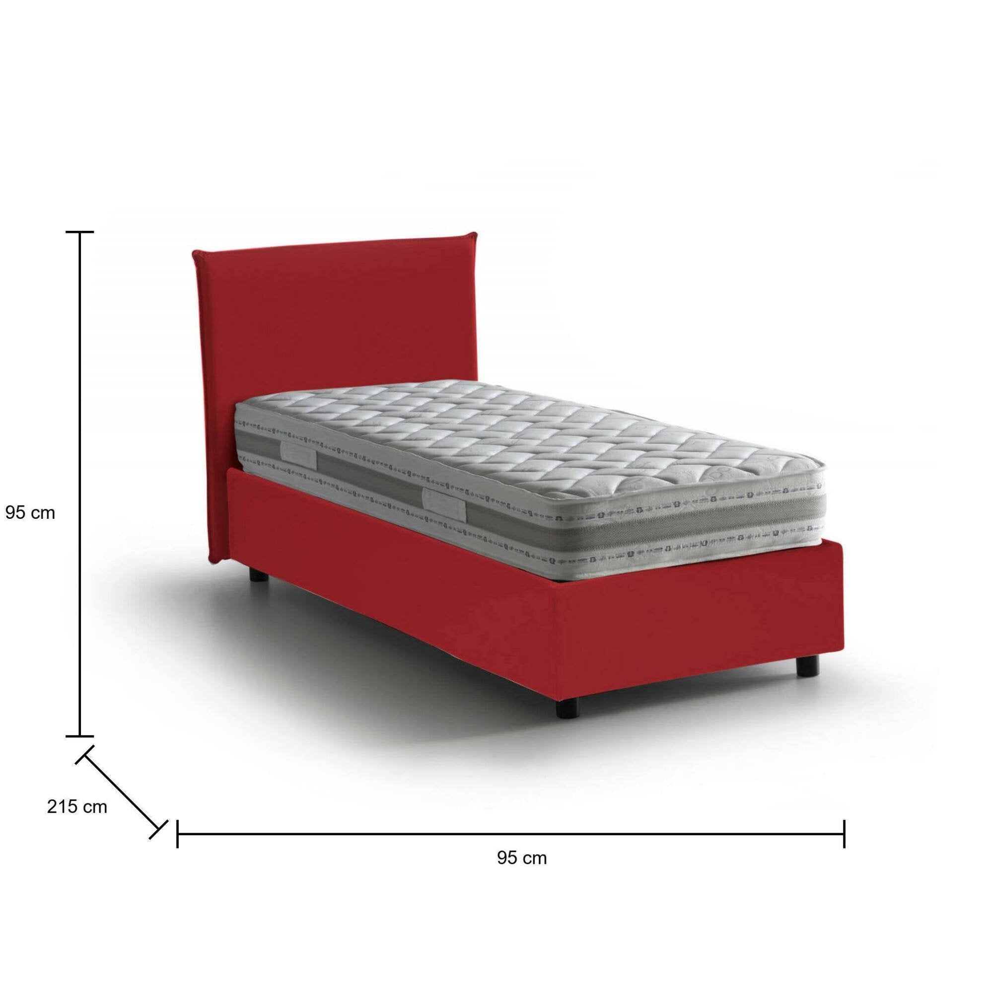 Letto singolo Boudicca, Letto contenitore con rivestimento in tessuto, Made in Italy, Apertura frontale, con materasso cm 80x200 incluso, Rosso
