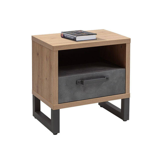 Comodino stile industrial con 1 cassetto e vano aperto, Tavolino moderno da notte, Portaoggetti, Made in Italy, cm 52x35xh54, colore Rovere e Cemento