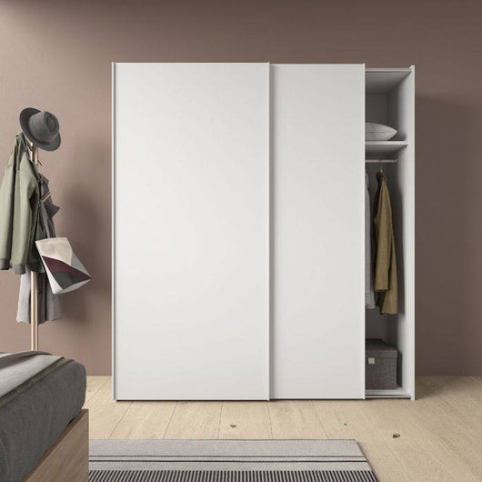 Guardaroba 0, Armadio moderno a 2 ante scorrevoli, Mobile moderno da camera con tubo appendiabiti e ripiano, Made in Italy, Cm 180x60h202, Bianco
