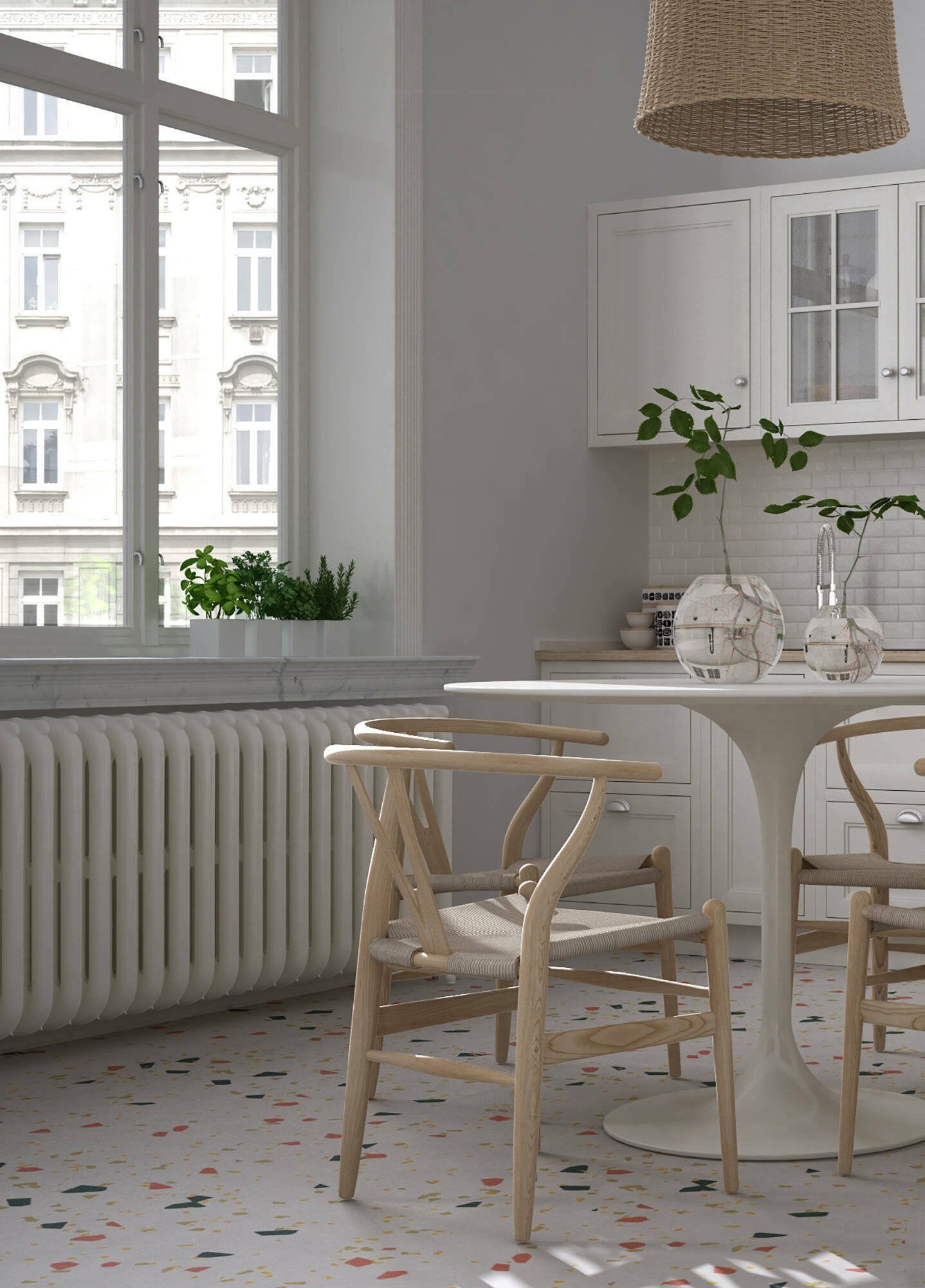 Tavolo fisso Anubis, Tavolino rotondo multiuso, Tavolo da pranzo con struttura in metallo e ripiano in laminato, Cm 100xh75, Bianco