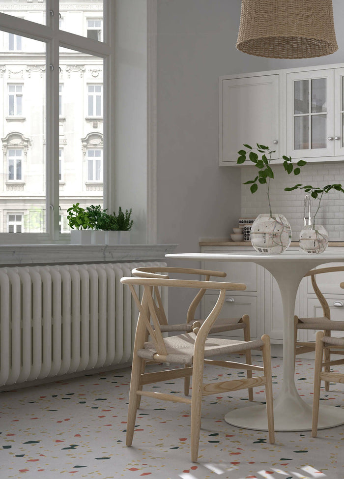 Tavolo fisso Anubis, Tavolino rotondo multiuso, Tavolo da pranzo con struttura in metallo e ripiano in laminato, Cm 100xh75, Bianco