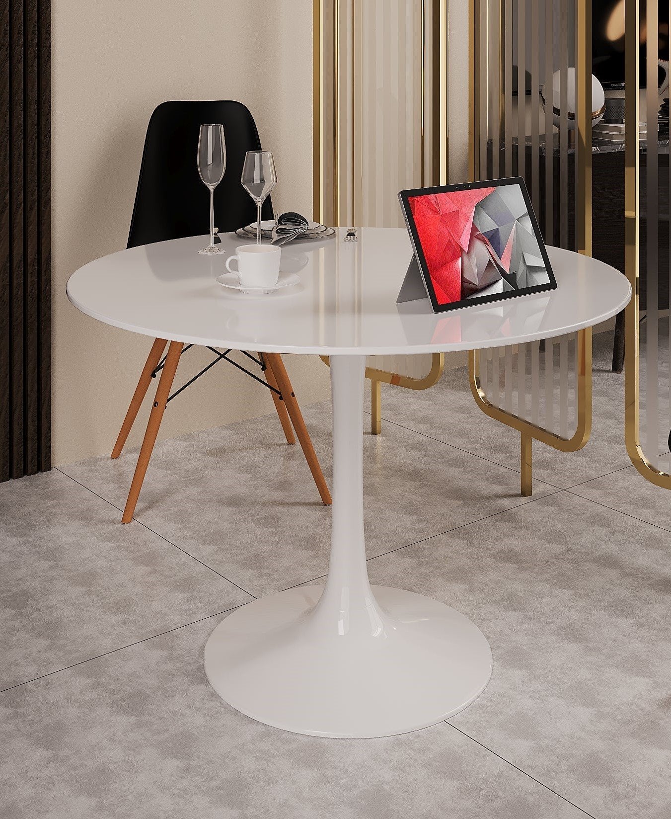 Tavolo fisso Anubis, Tavolino rotondo multiuso, Tavolo da pranzo con struttura in metallo e ripiano in laminato, Cm 100xh75, Bianco