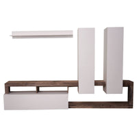 Parete attrezzata 0, Mobile porta TV moderno con Ante e ripiani, Set salotto completo con pensili, Made in Italy, Cm 277x35xh173, Bianco e Pero