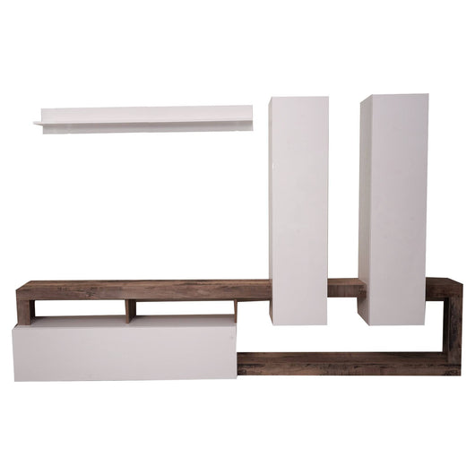 Parete attrezzata 0, Mobile porta TV moderno con Ante e ripiani, Set salotto completo con pensili, Made in Italy, Cm 277x35xh173, Bianco e Pero