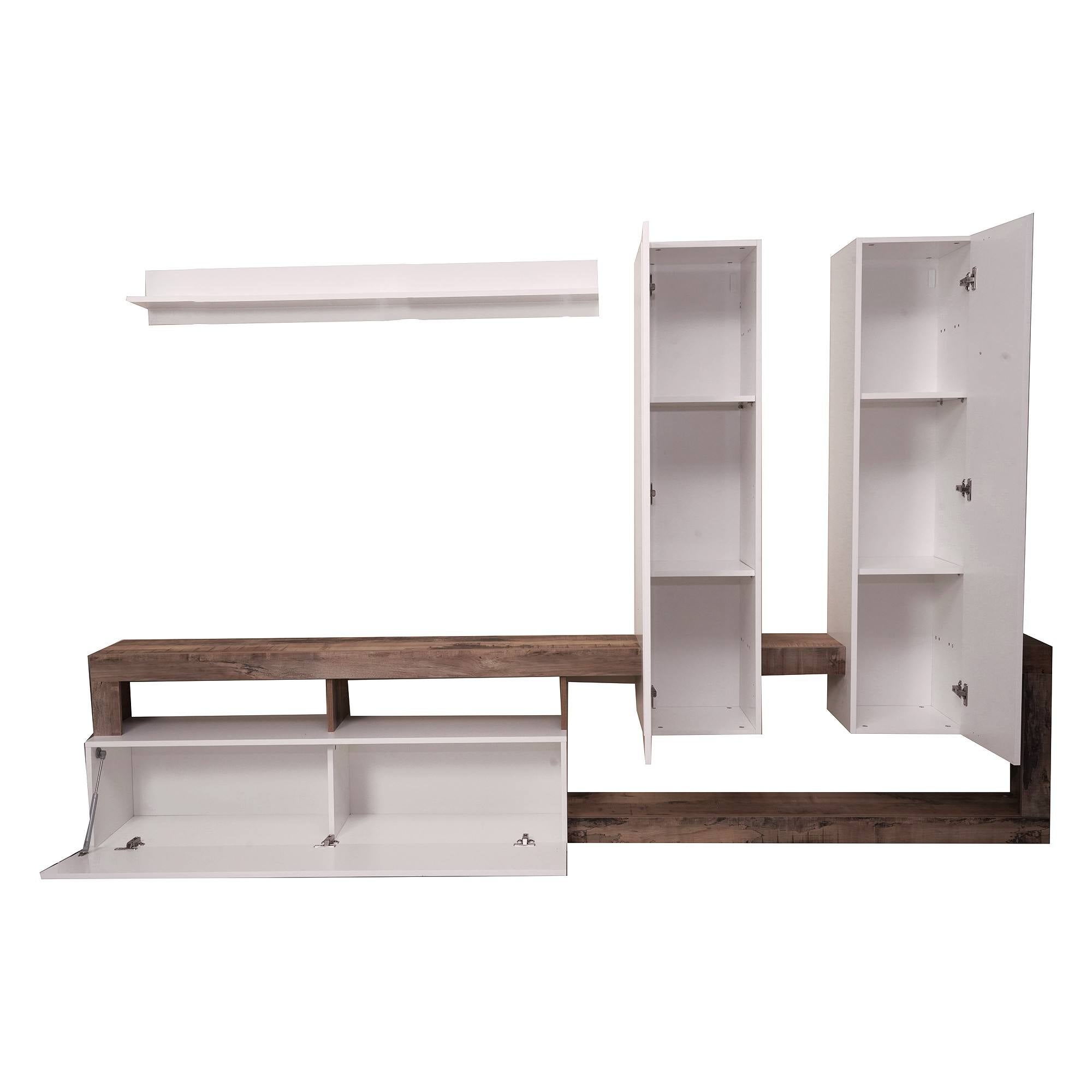 Parete attrezzata 0, Mobile porta TV moderno con Ante e ripiani, Set salotto completo con pensili, Made in Italy, Cm 277x35xh173, Bianco e Pero