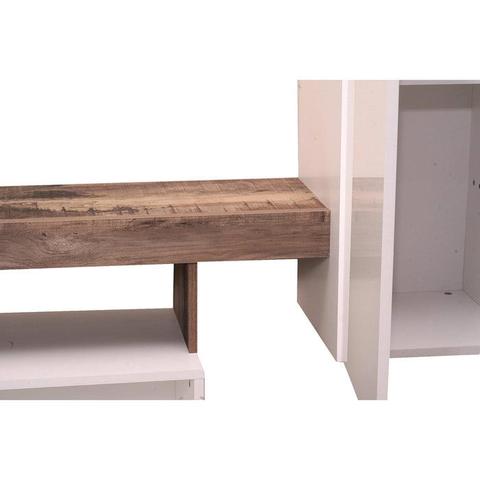 Parete attrezzata 0, Mobile porta TV moderno con Ante e ripiani, Set salotto completo con pensili, Made in Italy, Cm 277x35xh173, Bianco e Pero