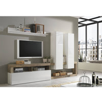 Parete attrezzata 0, Mobile porta TV moderno con Ante e ripiani, Set salotto completo con pensili, Made in Italy, Cm 277x35xh173, Bianco e Pero