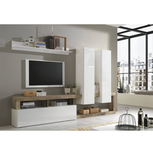 Parete attrezzata 0, Mobile porta TV moderno con Ante e ripiani, Set salotto completo con pensili, Made in Italy, Cm 277x35xh173, Bianco e Pero