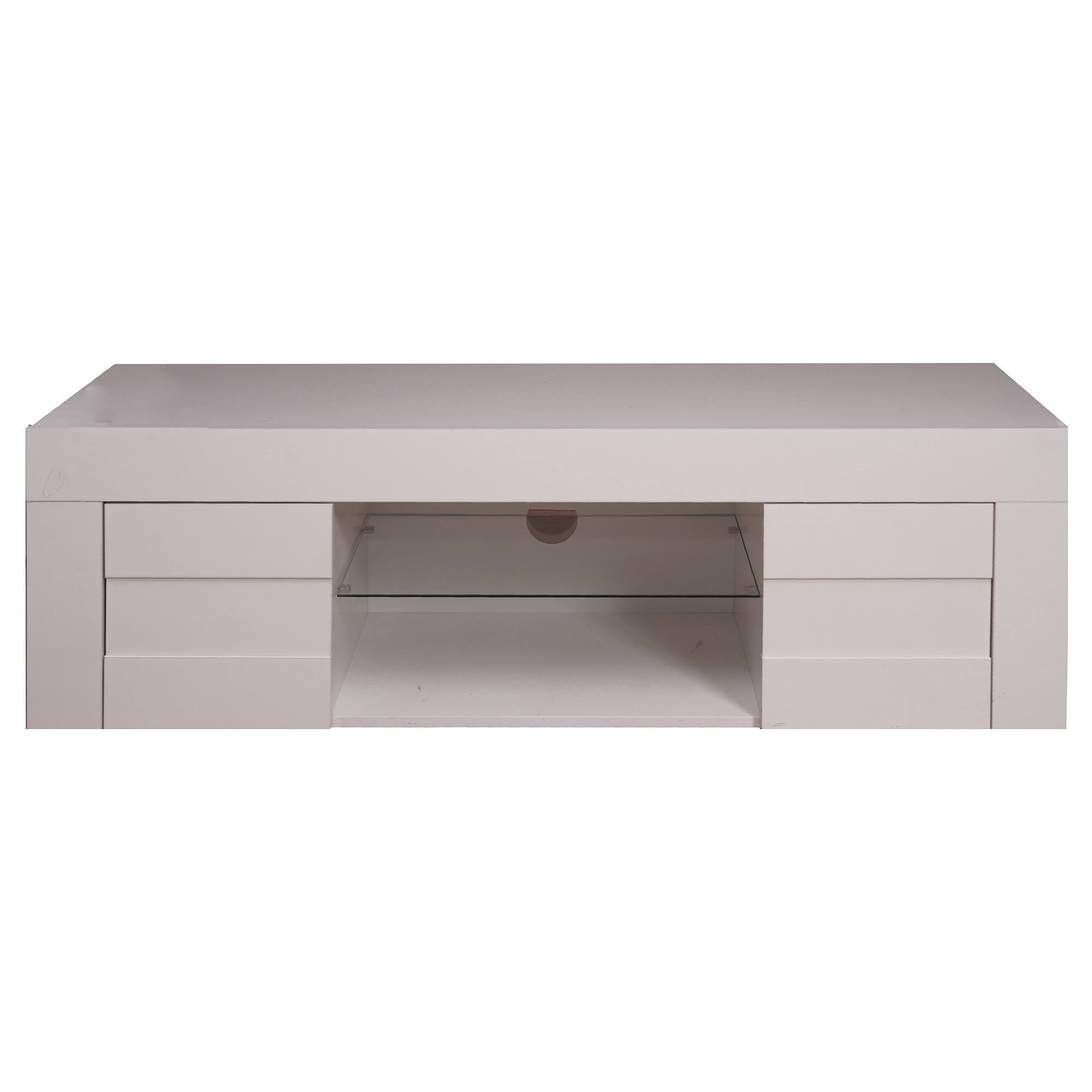 Mobile porta TV 0, Credenza moderna a ripiani, Mobile da soggiorno a 2 ante e vano a giorno, Made in Italy, Cm 181x42h44, Bianco Lucido