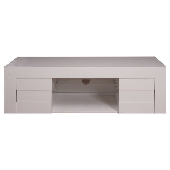 Mobile porta TV 0, Credenza moderna a ripiani, Mobile da soggiorno a 2 ante e vano a giorno, Made in Italy, Cm 181x42h44, Bianco Lucido