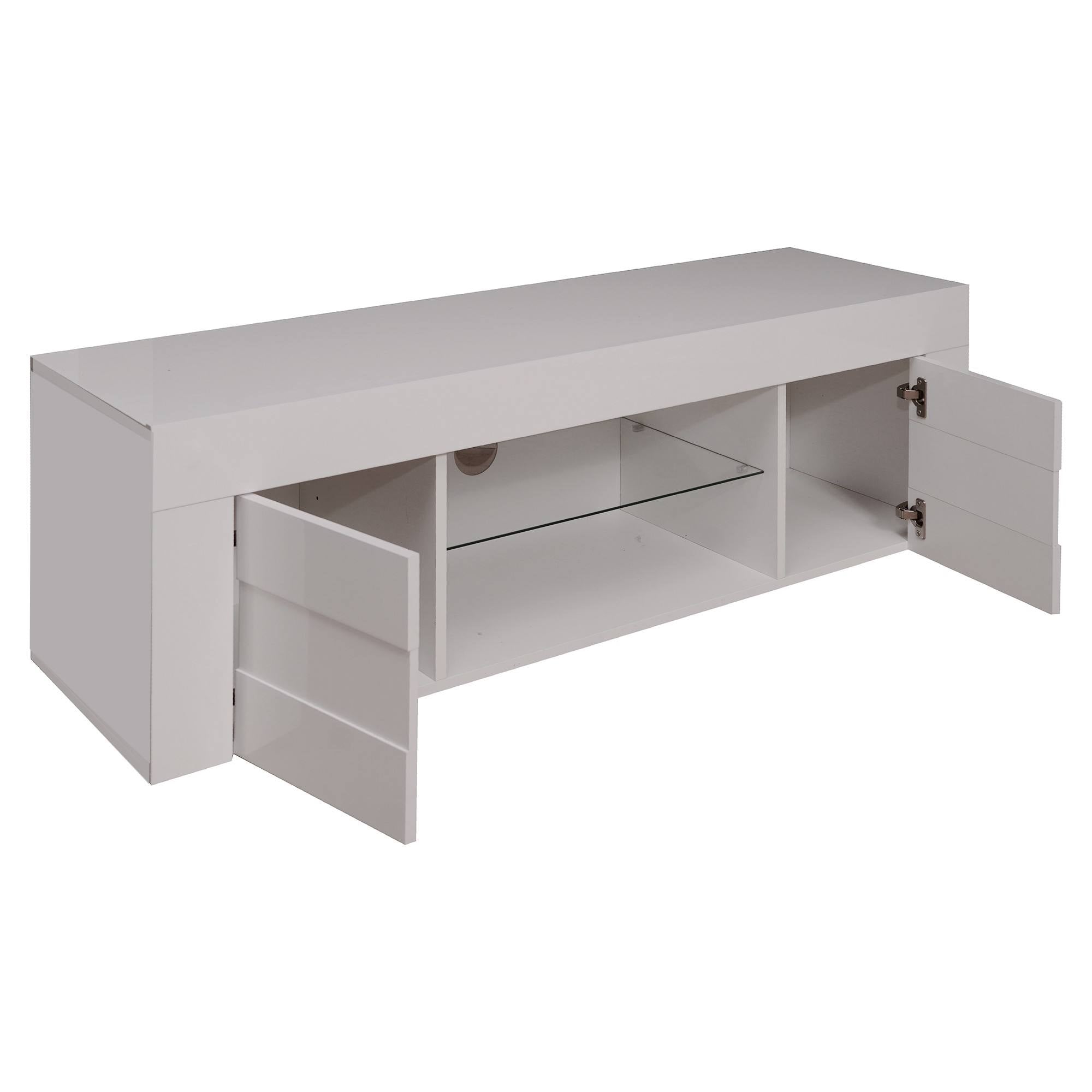 Mobile porta TV 0, Credenza moderna a ripiani, Mobile da soggiorno a 2 ante e vano a giorno, Made in Italy, Cm 181x42h44, Bianco Lucido