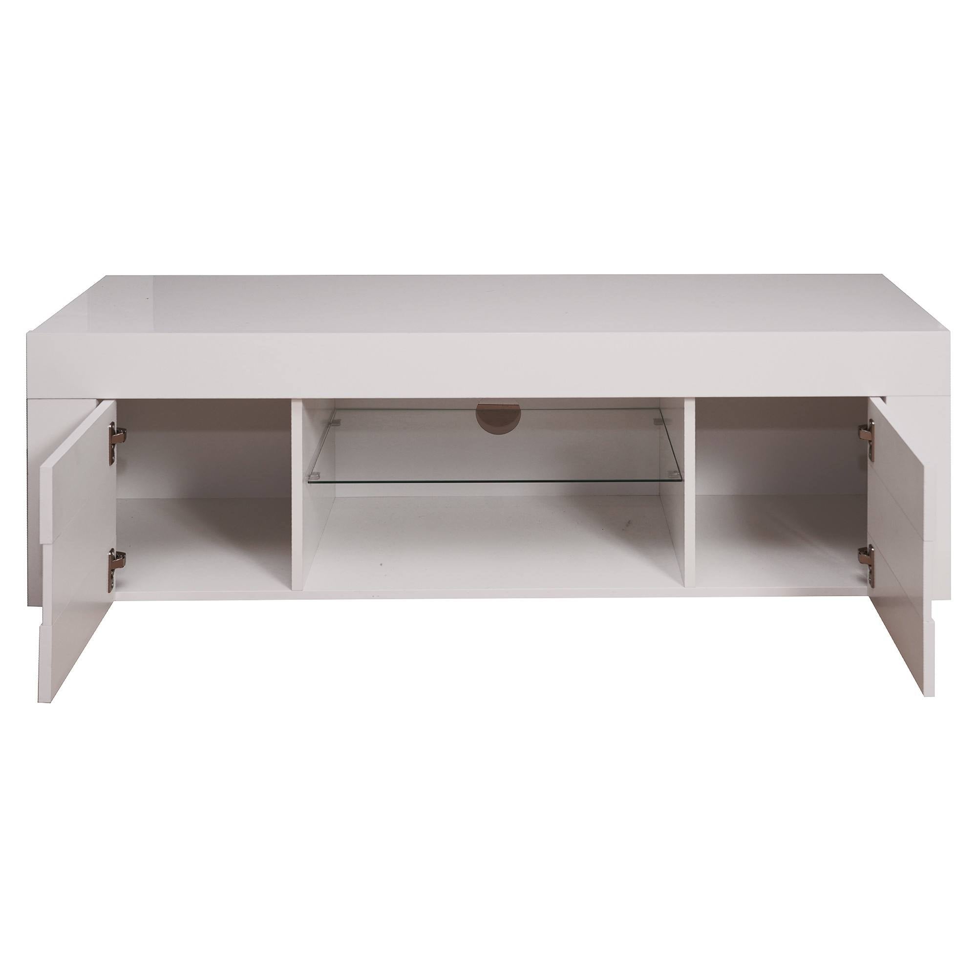 Mobile porta TV 0, Credenza moderna a ripiani, Mobile da soggiorno a 2 ante e vano a giorno, Made in Italy, Cm 181x42h44, Bianco Lucido