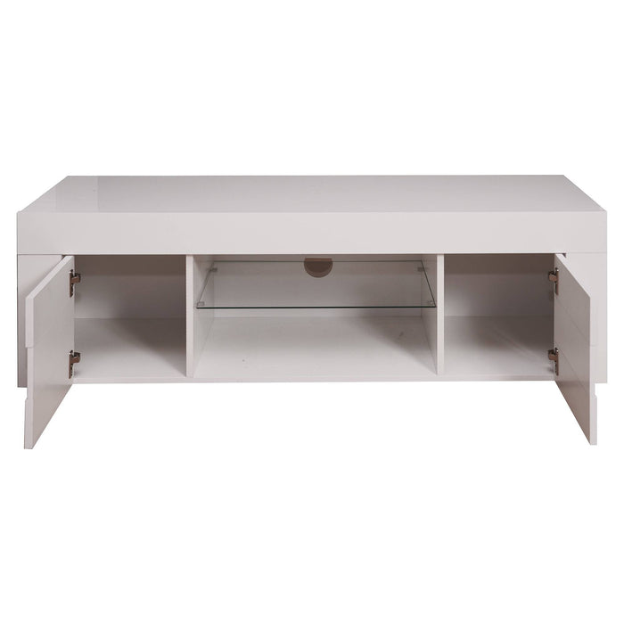 Mobile porta TV 0, Credenza moderna a ripiani, Mobile da soggiorno a 2 ante e vano a giorno, Made in Italy, Cm 181x42h44, Bianco Lucido