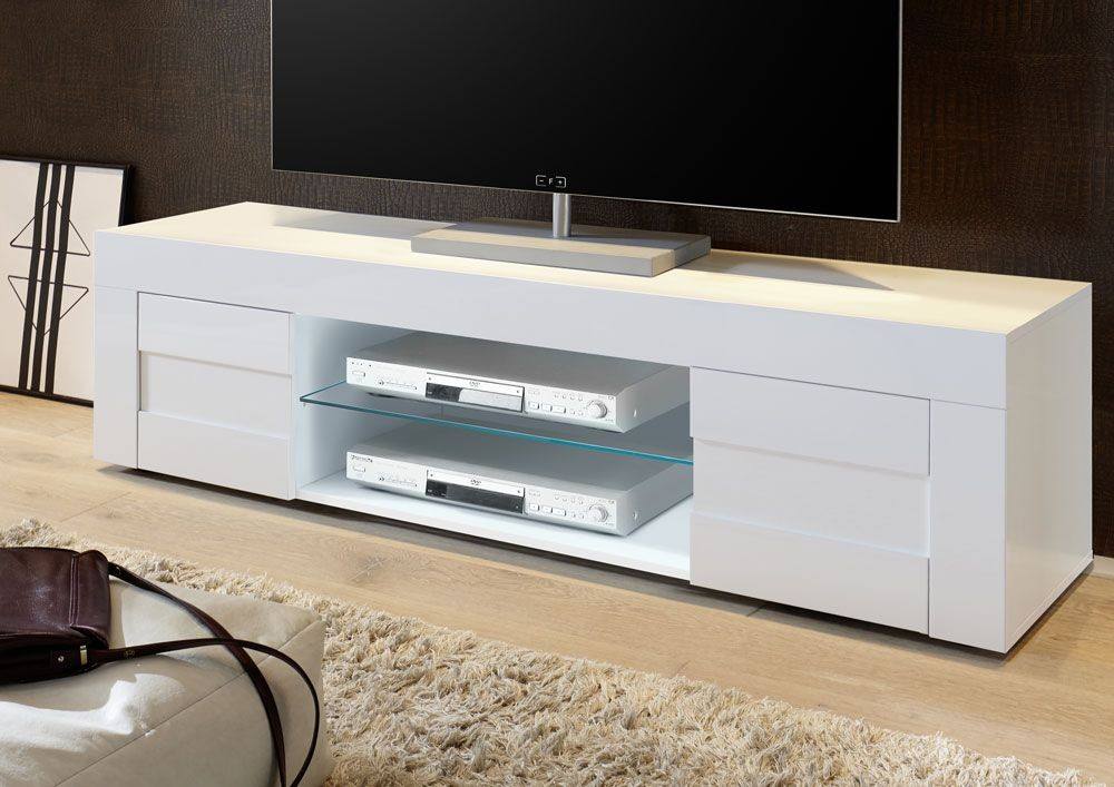 Mobile porta TV 0, Credenza moderna a ripiani, Mobile da soggiorno a 2 ante e vano a giorno, Made in Italy, Cm 181x42h44, Bianco Lucido