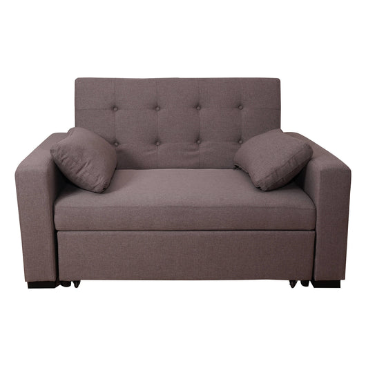 Divano letto a 2 posti, in tessuto imbottito, con 2 cuscini contenitore, trasformabile in letto matrimoniale, Made in Italy, cm 146x93xh88, colore Tortora