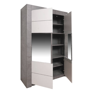 Credenza alta da cucina con 2 ante a vetro, Vetrinetta moderna con ripiani, Madia moderna scaffali, Made in Italy, cm 120x46xh170, colore Bianco e Ossido