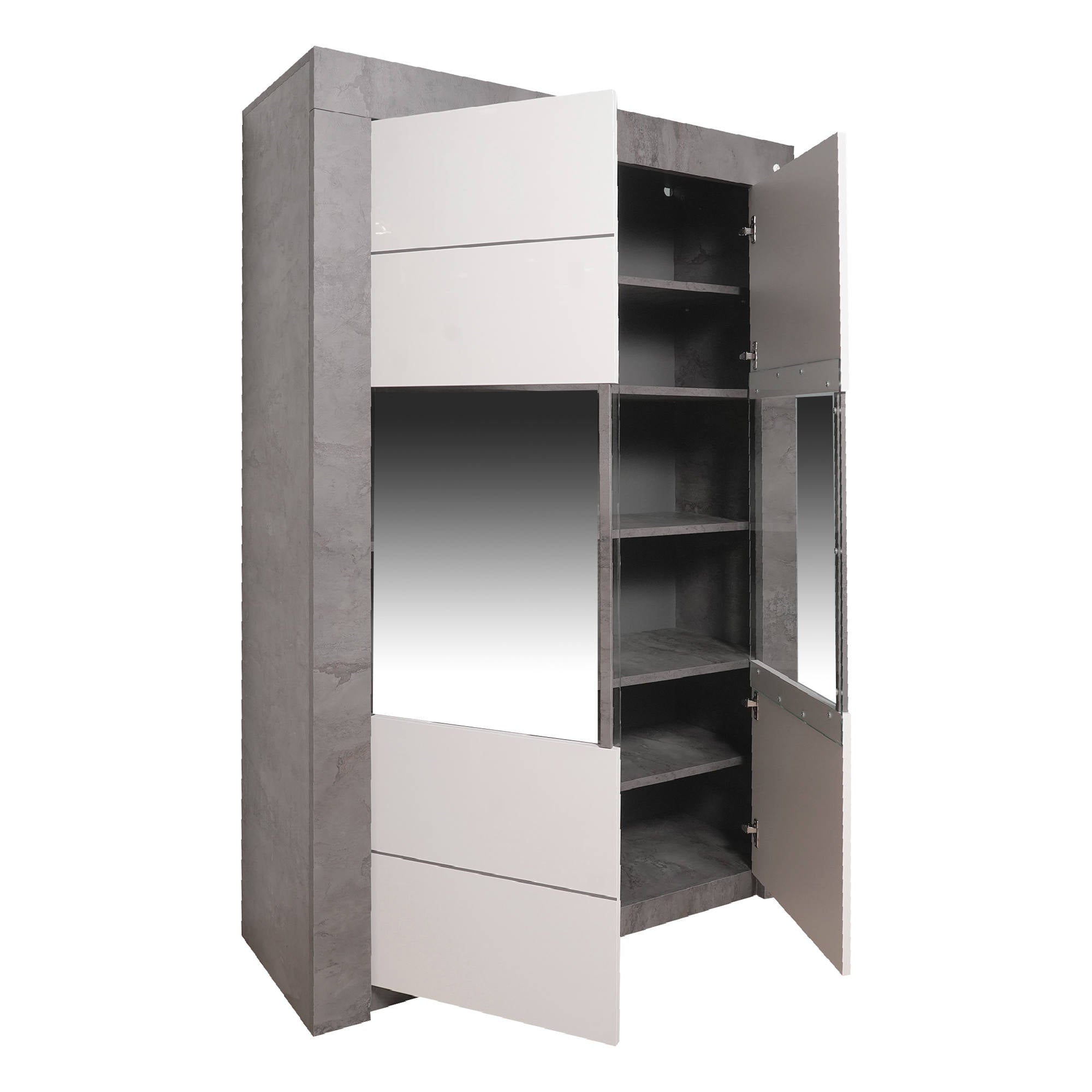 Credenza alta da cucina con 2 ante a vetro, Vetrinetta moderna con ripiani, Madia moderna scaffali, Made in Italy, cm 120x46xh170, colore Bianco e Ossido