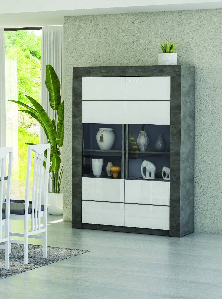 Credenza alta da cucina con 2 ante a vetro, Vetrinetta moderna con ripiani, Madia moderna scaffali, Made in Italy, cm 120x46xh170, colore Bianco e Ossido