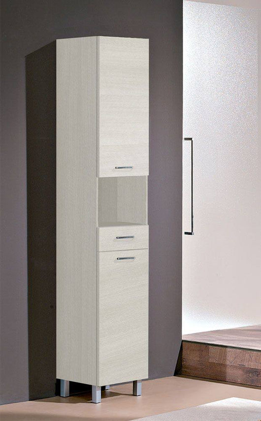 Colonna bagno 0, Armadietto moderno con 2 ante e 1 cassetto, Pensile bagno multiuso con ripiani, cm 34x34xh195, Bianco Frassinao