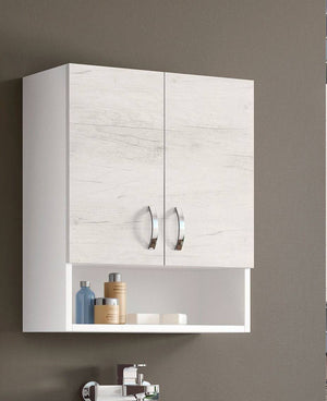 Pensile Bagno 0, Mobiletto portaoggetti da muro, Armadietto da bagno con 2 ante battenti e vano giorno, Made in Italy, Cm 58x22h70, Rovere sbiancato