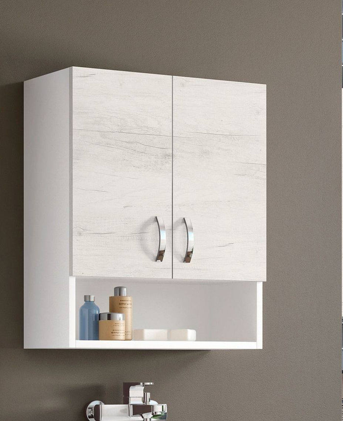 Pensile Bagno 0, Mobiletto portaoggetti da muro, Armadietto da bagno con 2 ante battenti e vano giorno, Made in Italy, Cm 58x22h70, Rovere sbiancato