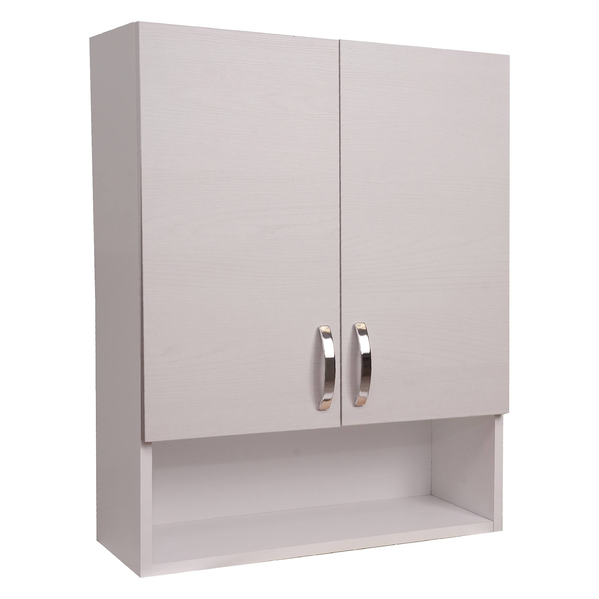 Pensile Bagno 0, Mobiletto portaoggetti da muro, Armadietto da bagno con 2 ante battenti e vano giorno, Made in Italy, Cm 58x22h70, Rovere sbiancato