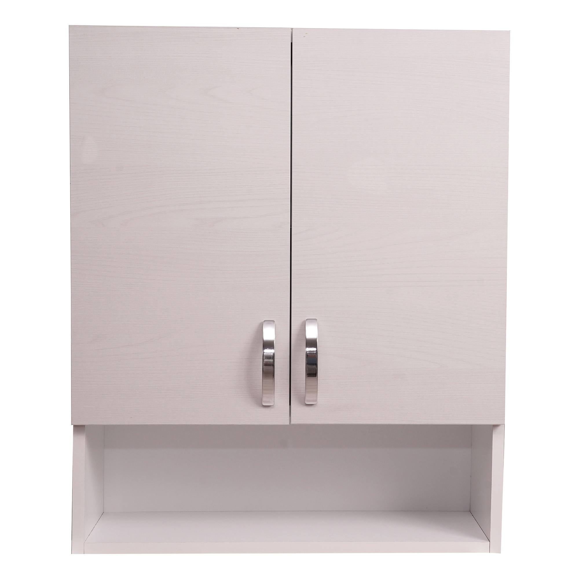 Pensile Bagno 0, Mobiletto portaoggetti da muro, Armadietto da bagno con 2 ante battenti e vano giorno, Made in Italy, Cm 58x22h70, Rovere sbiancato