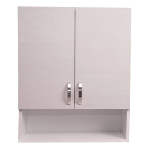 Pensile Bagno 0, Mobiletto portaoggetti da muro, Armadietto da bagno con 2 ante battenti e vano giorno, Made in Italy, Cm 58x22h70, Rovere sbiancato