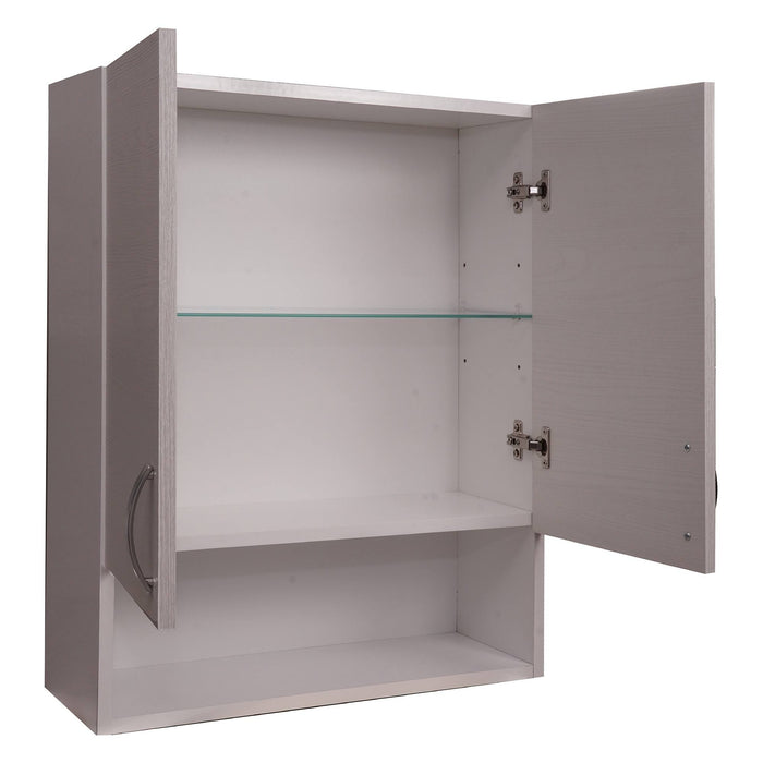 Pensile Bagno 0, Mobiletto portaoggetti da muro, Armadietto da bagno con 2 ante battenti e vano giorno, Made in Italy, Cm 58x22h70, Rovere sbiancato