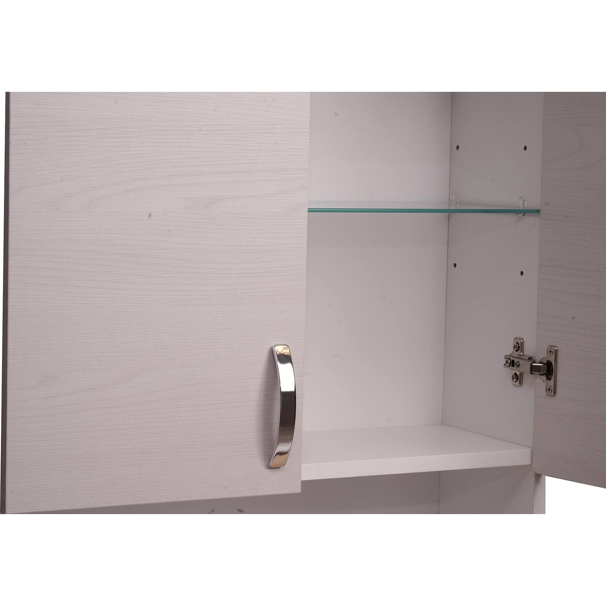 Pensile Bagno 0, Mobiletto portaoggetti da muro, Armadietto da bagno con 2 ante battenti e vano giorno, Made in Italy, Cm 58x22h70, Rovere sbiancato