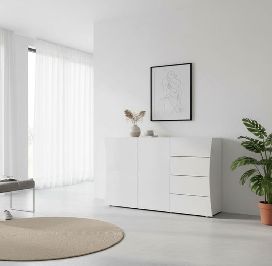 Credenza Athos, Madia di design a 2 ante e 4 cassetti, Made in Italy, Mobile Porta TV, Buffet da soggiorno, cm 124x40h82, colore Bianco lucido