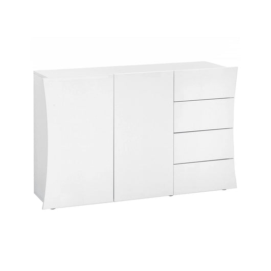 Credenza Athos, Madia di design a 2 ante e 4 cassetti, Made in Italy, Mobile Porta TV, Buffet da soggiorno, cm 124x40h82, colore Bianco lucido