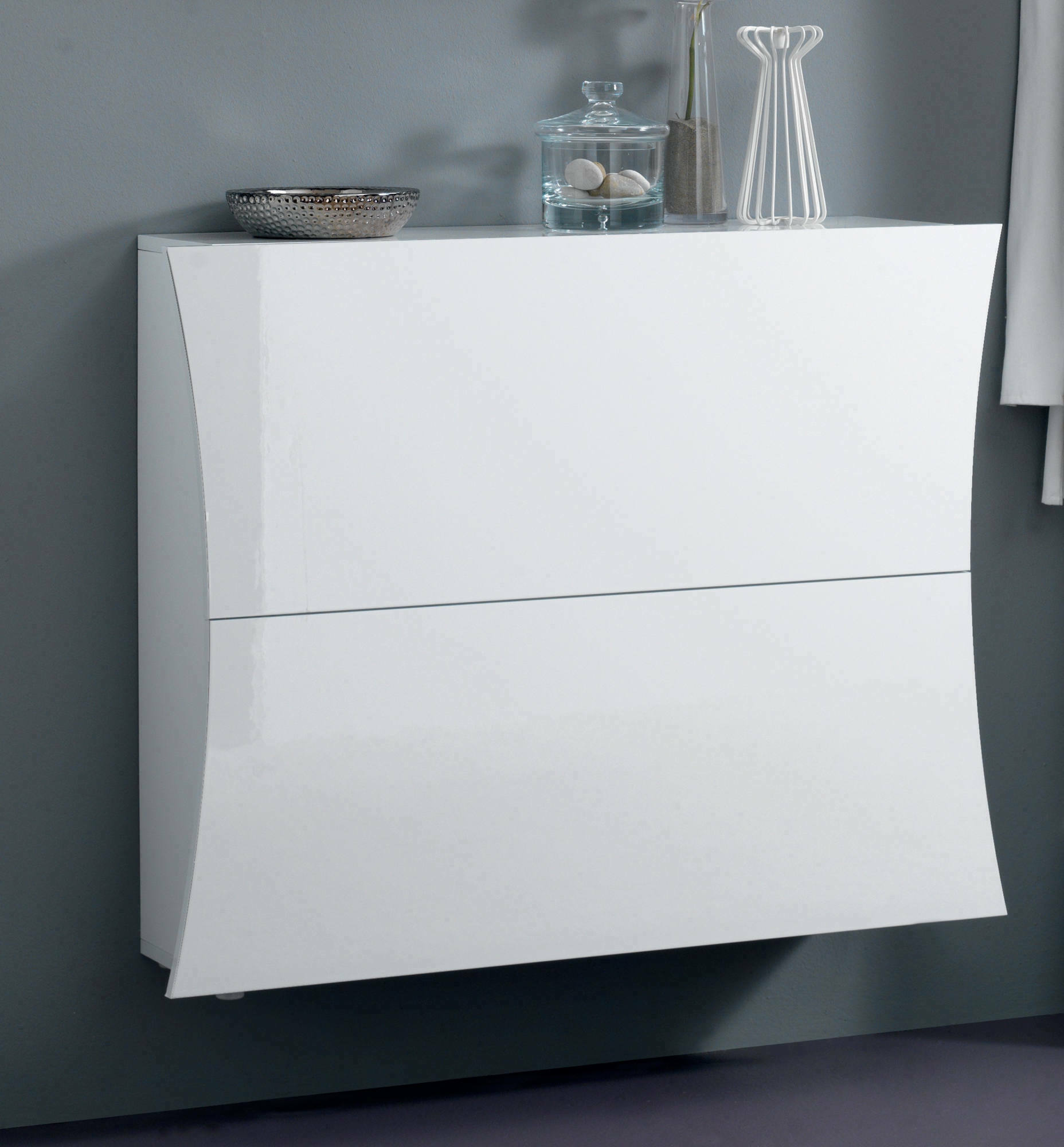 Scarpiera Kronos, Made in Italy, a 2 ante, Portascarpe da ingresso, cm 101x27h82, colore Bianco lucido