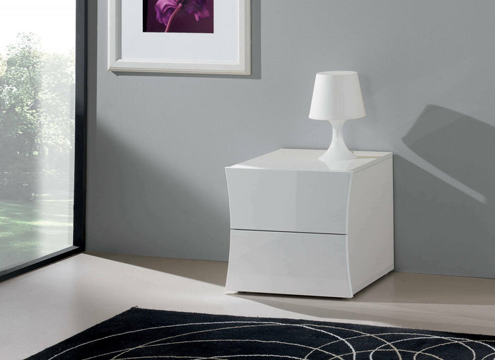 Comodino moderno a 2 Aku, Made in Italy, Tavolino da notte, Mobiletto per camera da letto, cm 50x40h41, colore Bianco lucido