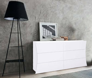 ComÒ² geometrico Albelaziz, Made in Italy, Mobiletto per Soggiorno e Camera, Credenza 6 cassetti, cm 155x40h82, colore Bianco lucido