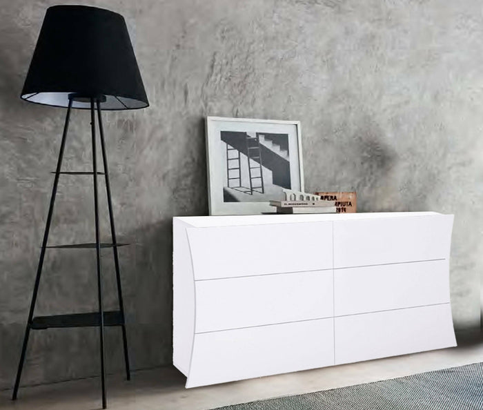 ComÒ² geometrico Albelaziz, Made in Italy, Mobiletto per Soggiorno e Camera, Credenza 6 cassetti, cm 155x40h82, colore Bianco lucido