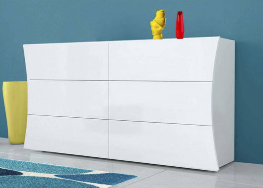ComÒ² geometrico Albelaziz, Made in Italy, Mobiletto per Soggiorno e Camera, Credenza 6 cassetti, cm 155x40h82, colore Bianco lucido