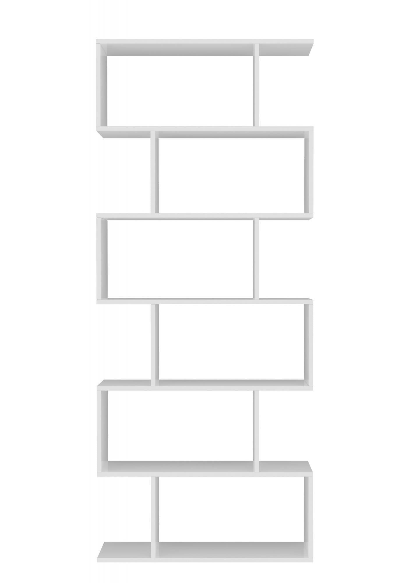 Libreria alta bifacciale a 6 Alowha, Made in Italy, Scaffale per libri e documenti, Libreria a zig zag da ufficio, cm 80x25h192, Bianco lucido