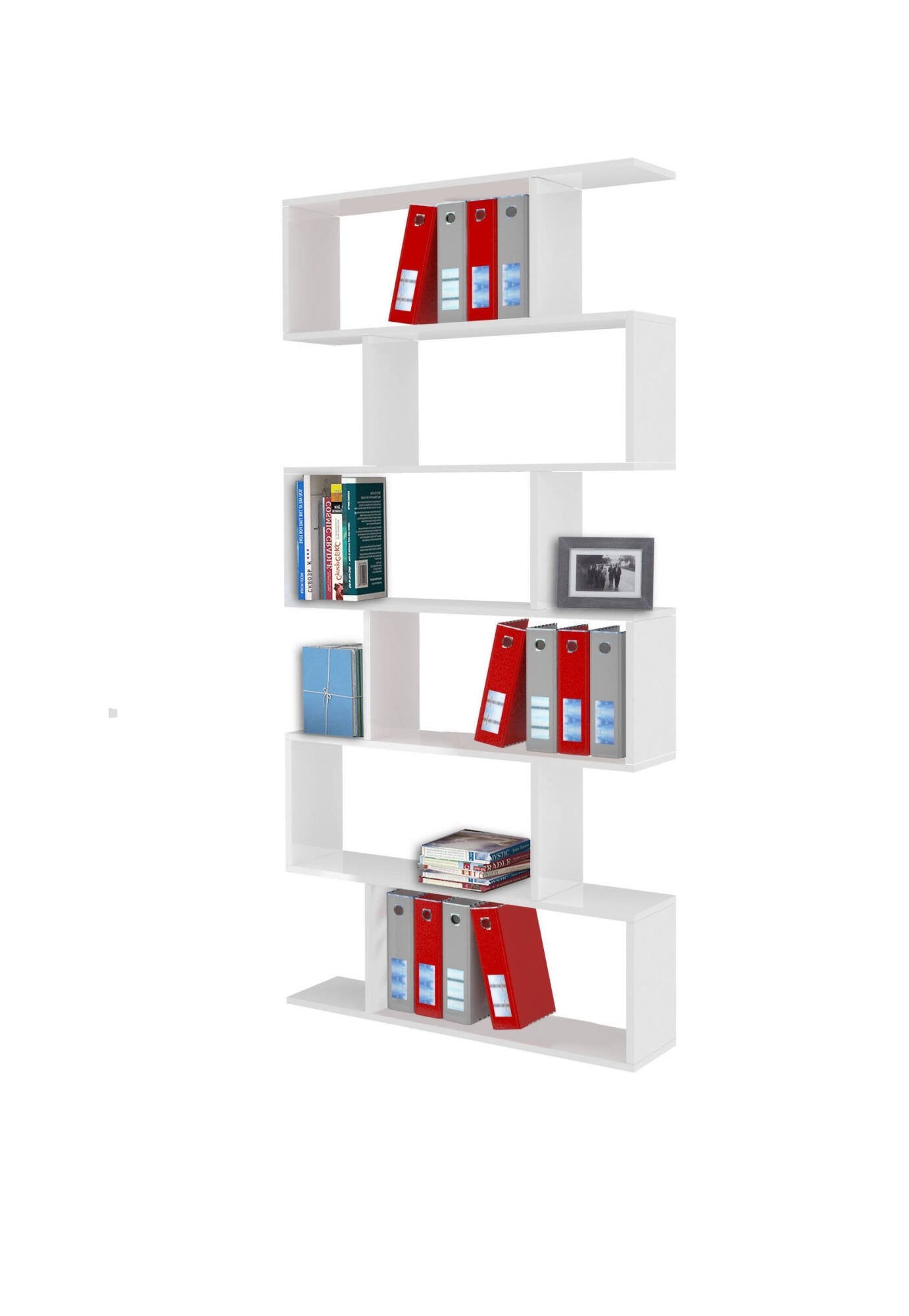 Libreria alta bifacciale a 6 Alowha, Made in Italy, Scaffale per libri e documenti, Libreria a zig zag da ufficio, cm 80x25h192, Bianco lucido