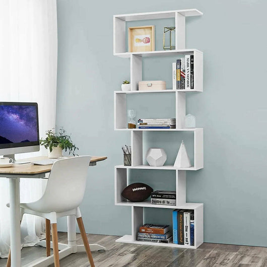 Libreria alta bifacciale a 6 Alowha, Made in Italy, Scaffale per libri e documenti, Libreria a zig zag da ufficio, cm 80x25h192, Bianco lucido