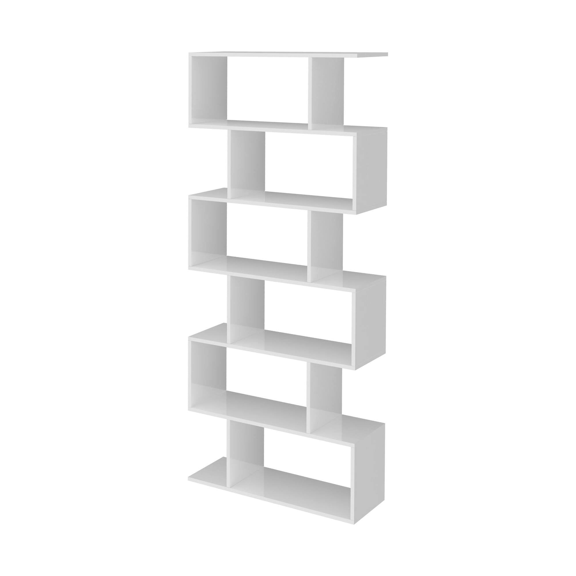 Libreria alta bifacciale a 6 Alowha, Made in Italy, Scaffale per libri e documenti, Libreria a zig zag da ufficio, cm 80x25h192, Bianco lucido