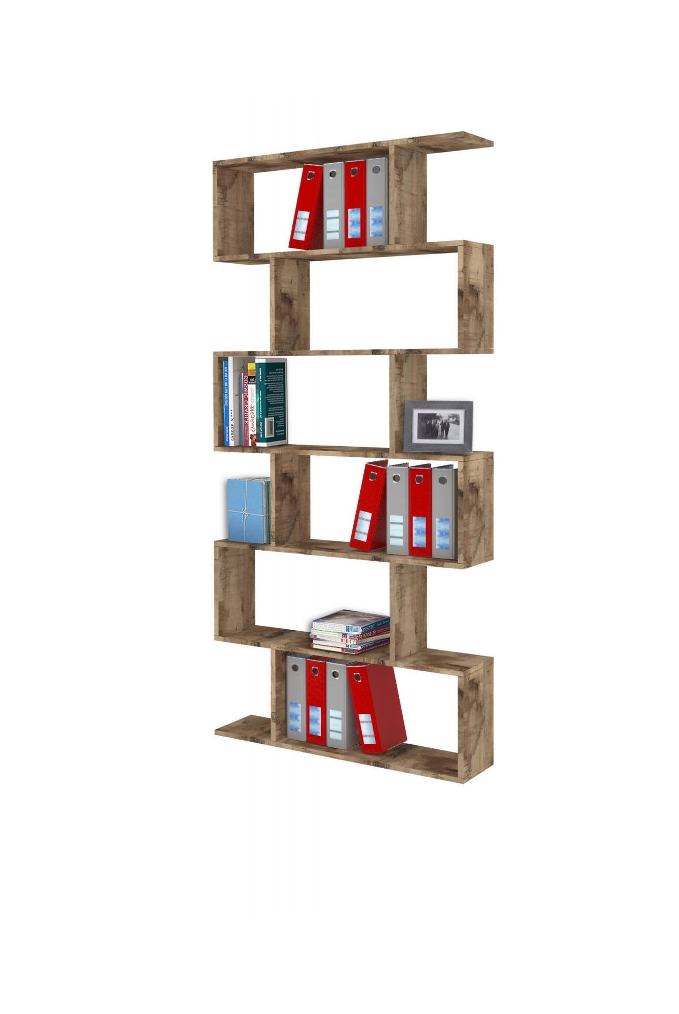 Libreria alta bifacciale a 6 Alowha, Made in Italy, Scaffale per libri e documenti, Libreria a zig zag da ufficio, cm 80x25h192, Acero